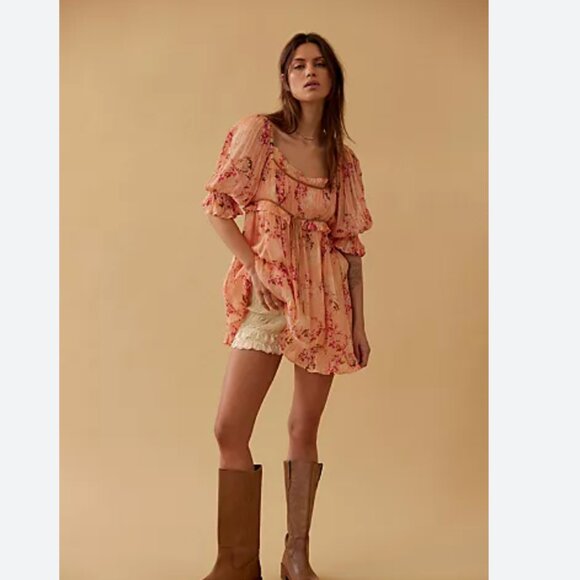 Free People NWT Boho Style Babydoll Mini Dress Blouse size M - Picture 1 of 9